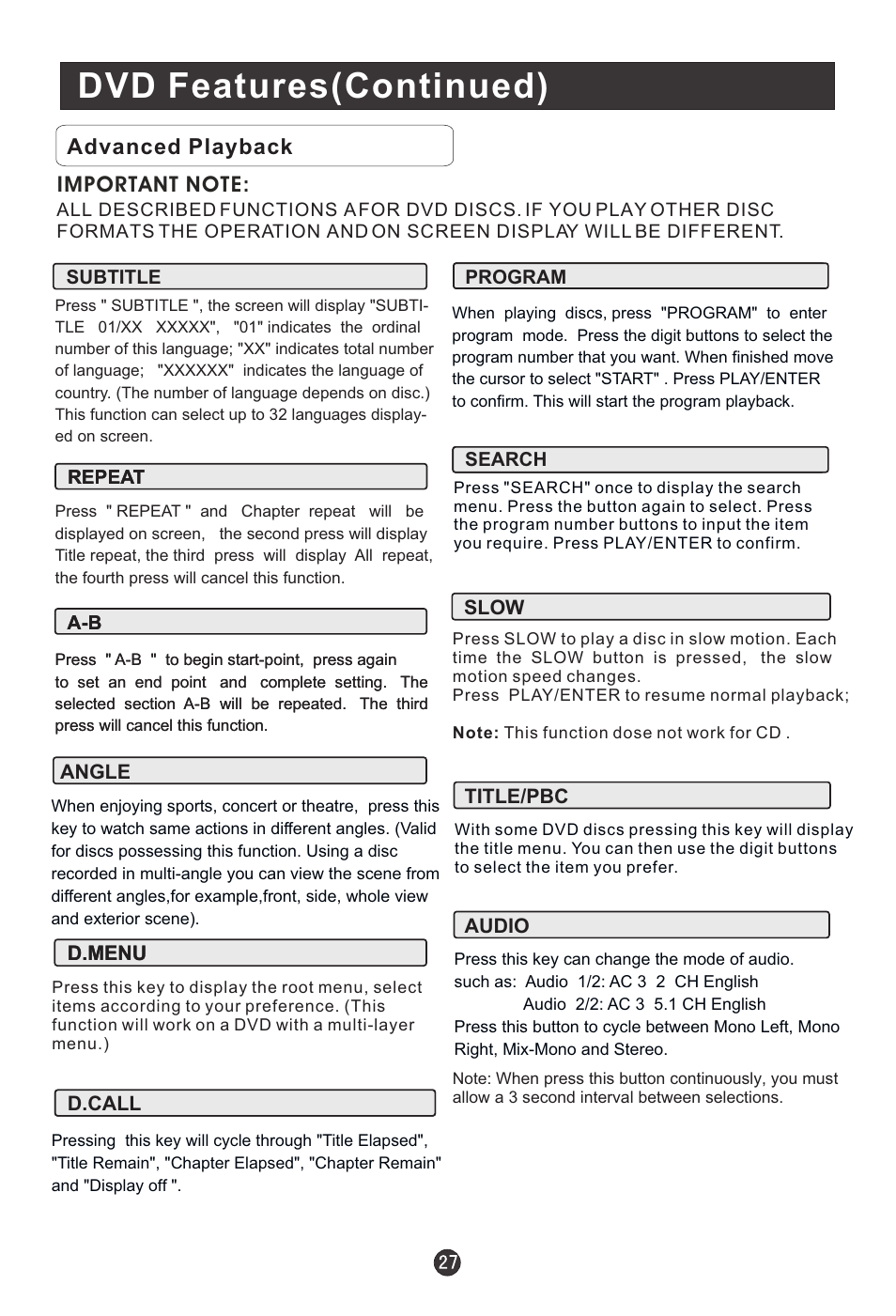 Dvd features(continued) | haier HLC19E User Manual | Page 32 / 43
