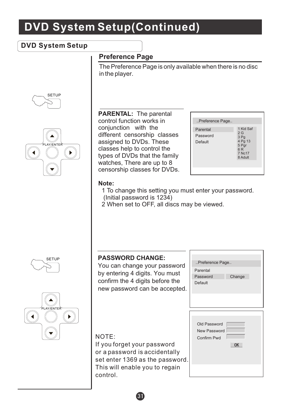 Dvd system setup(continued), Dvd system setup, Preference page | haier HLC19E User Manual | Page 36 / 43