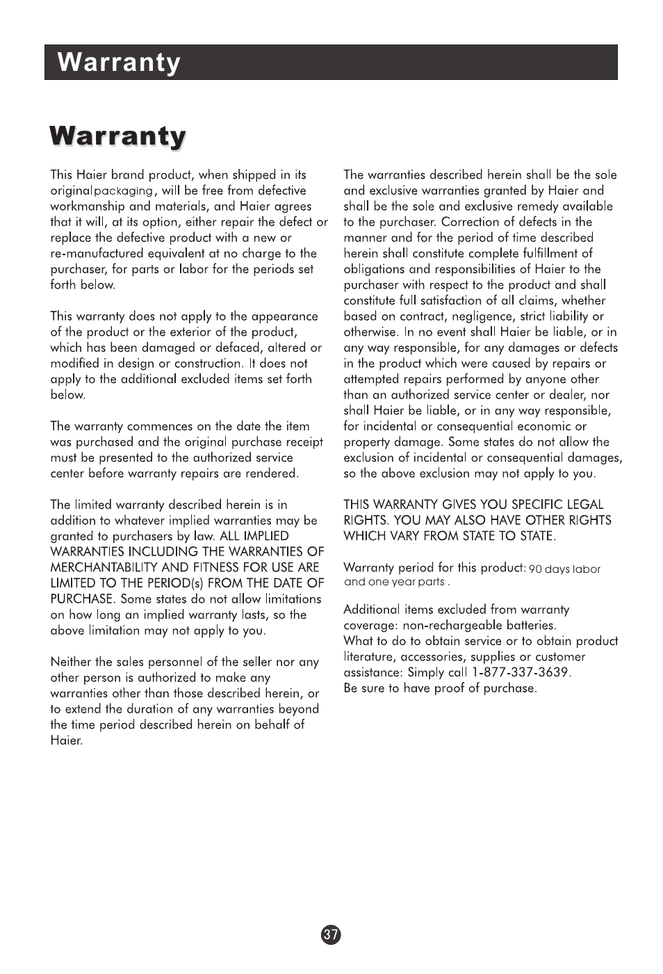 Warranty | haier HLC19E User Manual | Page 42 / 43