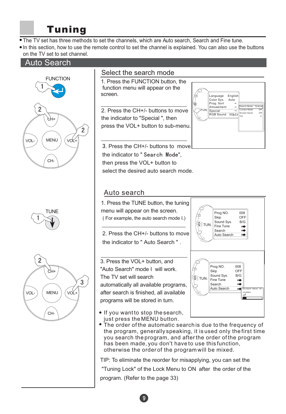 Tuning, Auto search, Select the search mode | haier D29FV6-A User Manual | Page 11 / 41