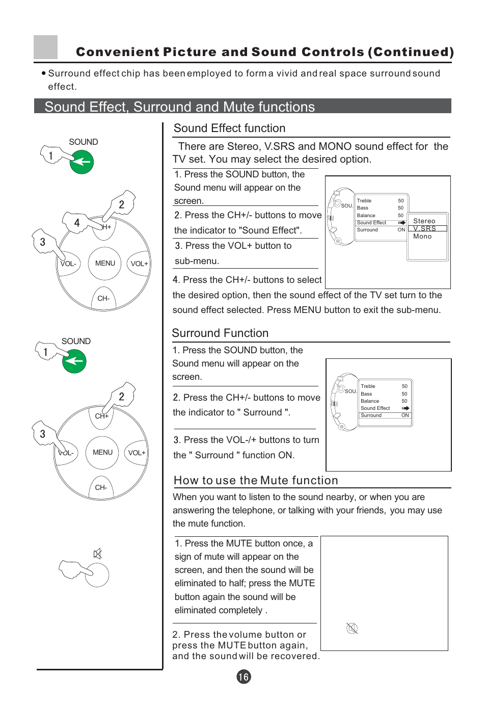Sound effect, surround and mute functions, Convenient picture and sound controls (continued), Sound effect function | Surround function, How to use the mute function | haier D29FV6-A User Manual | Page 18 / 41