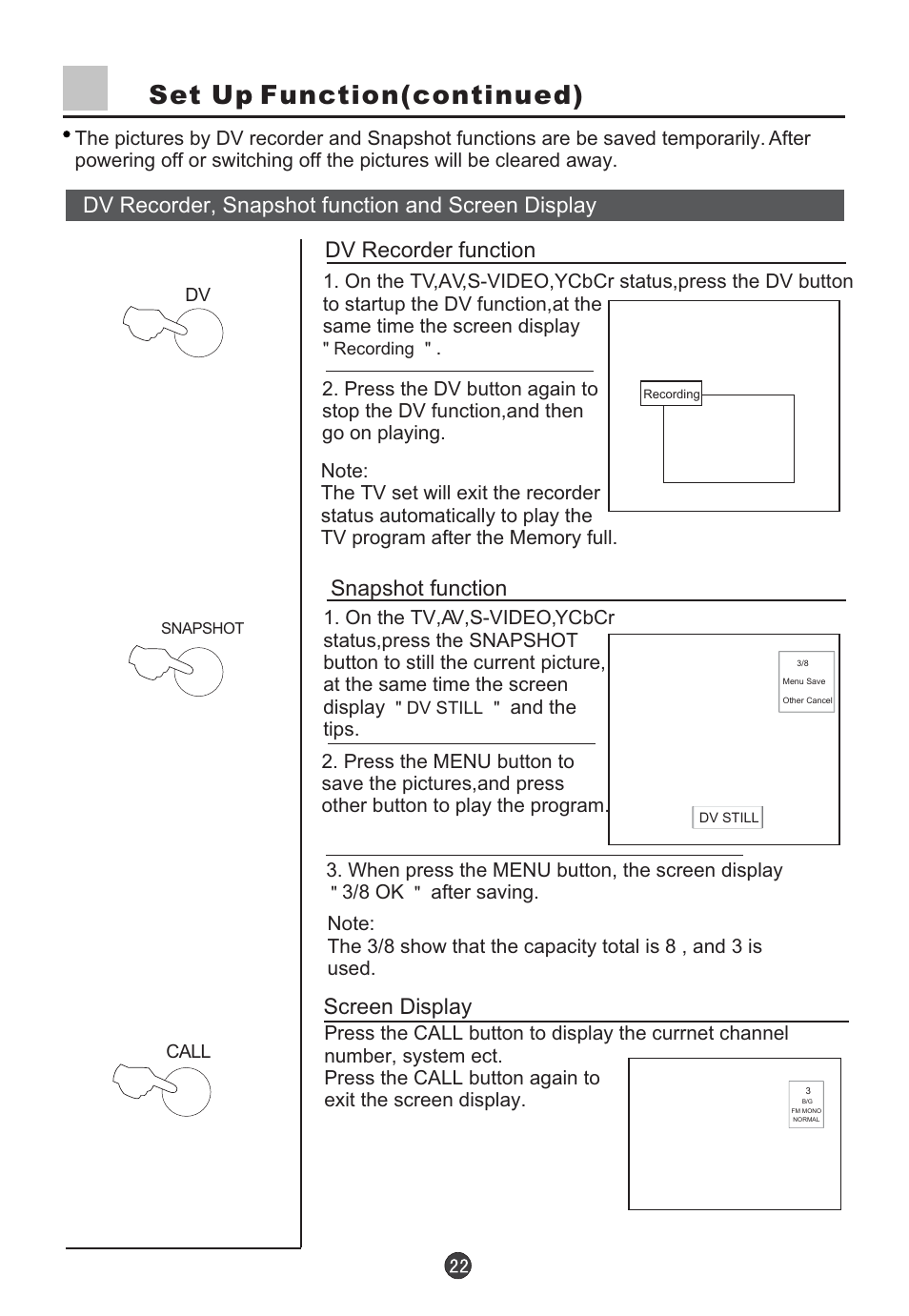 Set up function(continued), Dv recorder, snapshot function and screen display, Dv recorder function | Snapshot function, Screen display | haier D29FV6-A User Manual | Page 24 / 41