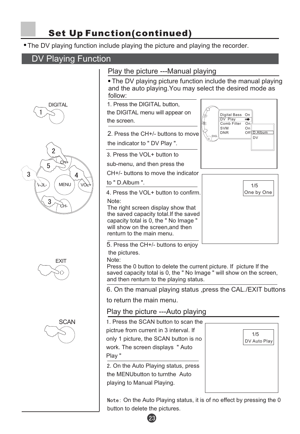 Dv playing function set up function(continued), Play the picture ---manual playing, Play the picture ---auto playing | haier D29FV6-A User Manual | Page 25 / 41