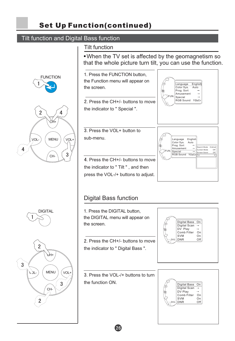 Set up function(continued), Tilt function and digital bass function, Digital bass function | haier D29FV6-A User Manual | Page 28 / 41