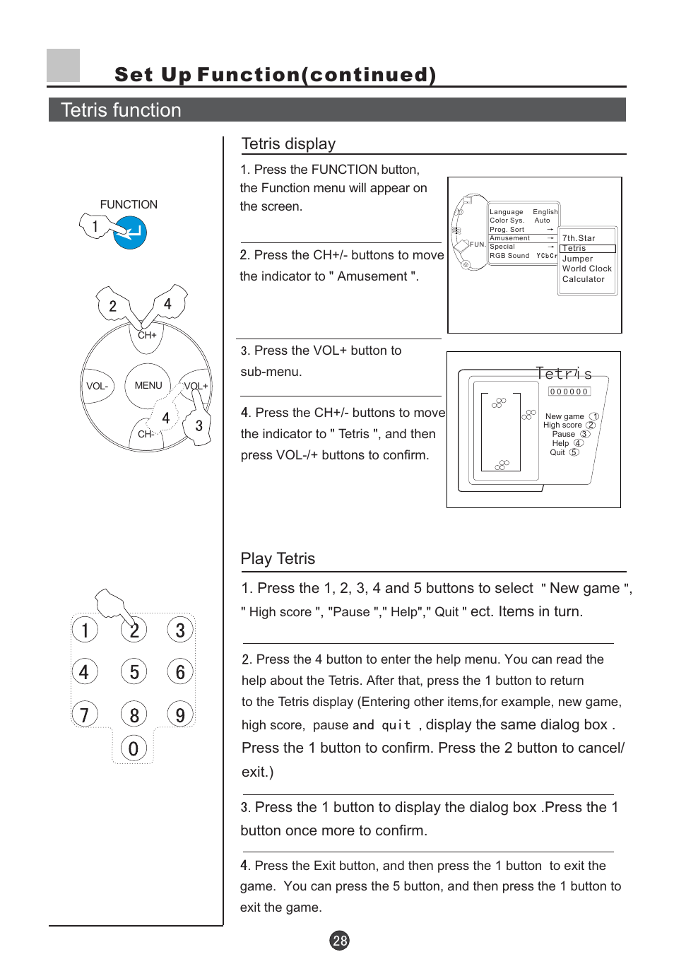 Set up function(continued) tetris function, Tetris display, Play tetris | haier D29FV6-A User Manual | Page 30 / 41
