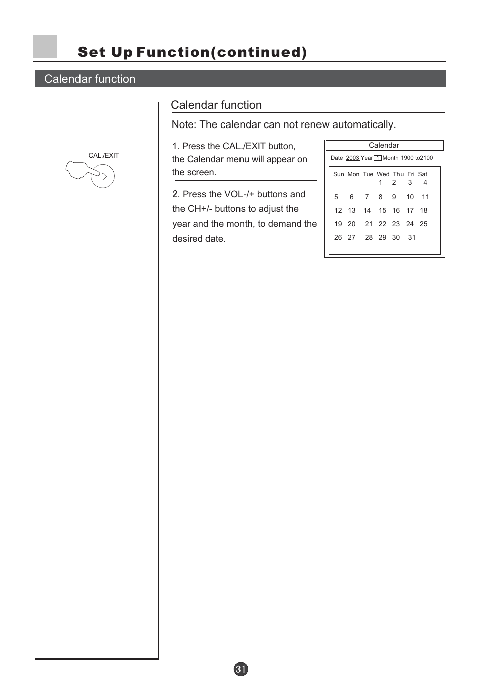 Set up function(continued), Calendar function | haier D29FV6-A User Manual | Page 33 / 41