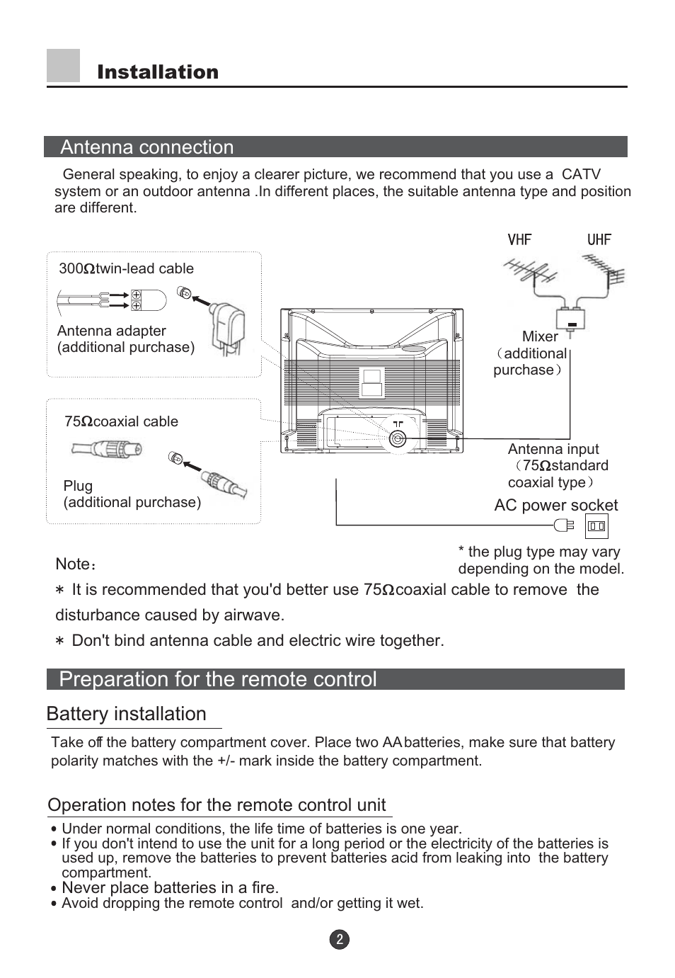 Preparation for the remote control, Installation antenna connection, Battery installation | haier D29FV6-A User Manual | Page 4 / 41