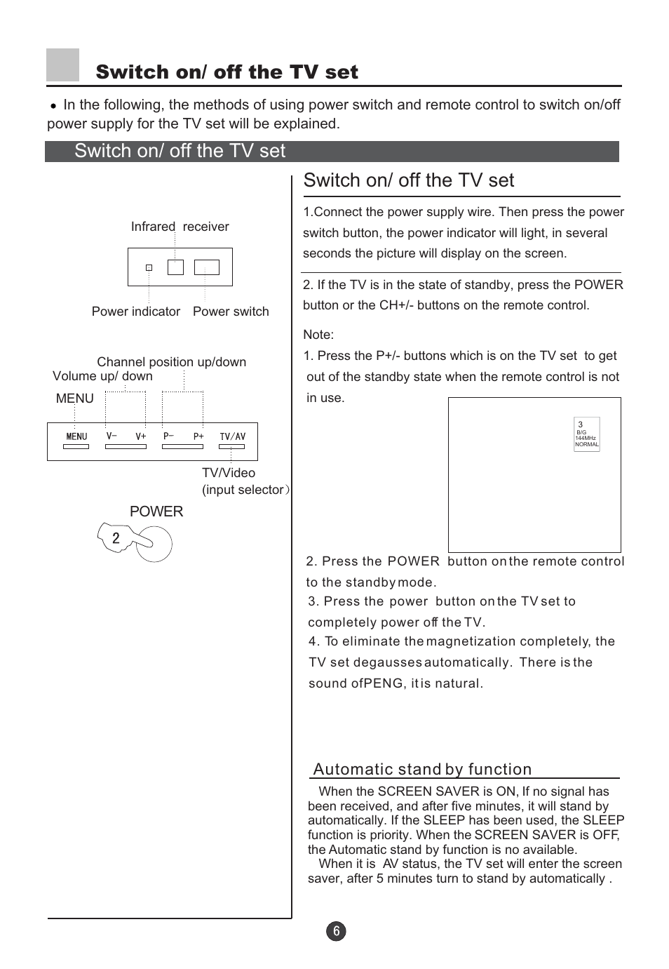 Switch on/ off the tv set, Automatic stand by function | haier D29FV6-A User Manual | Page 8 / 41
