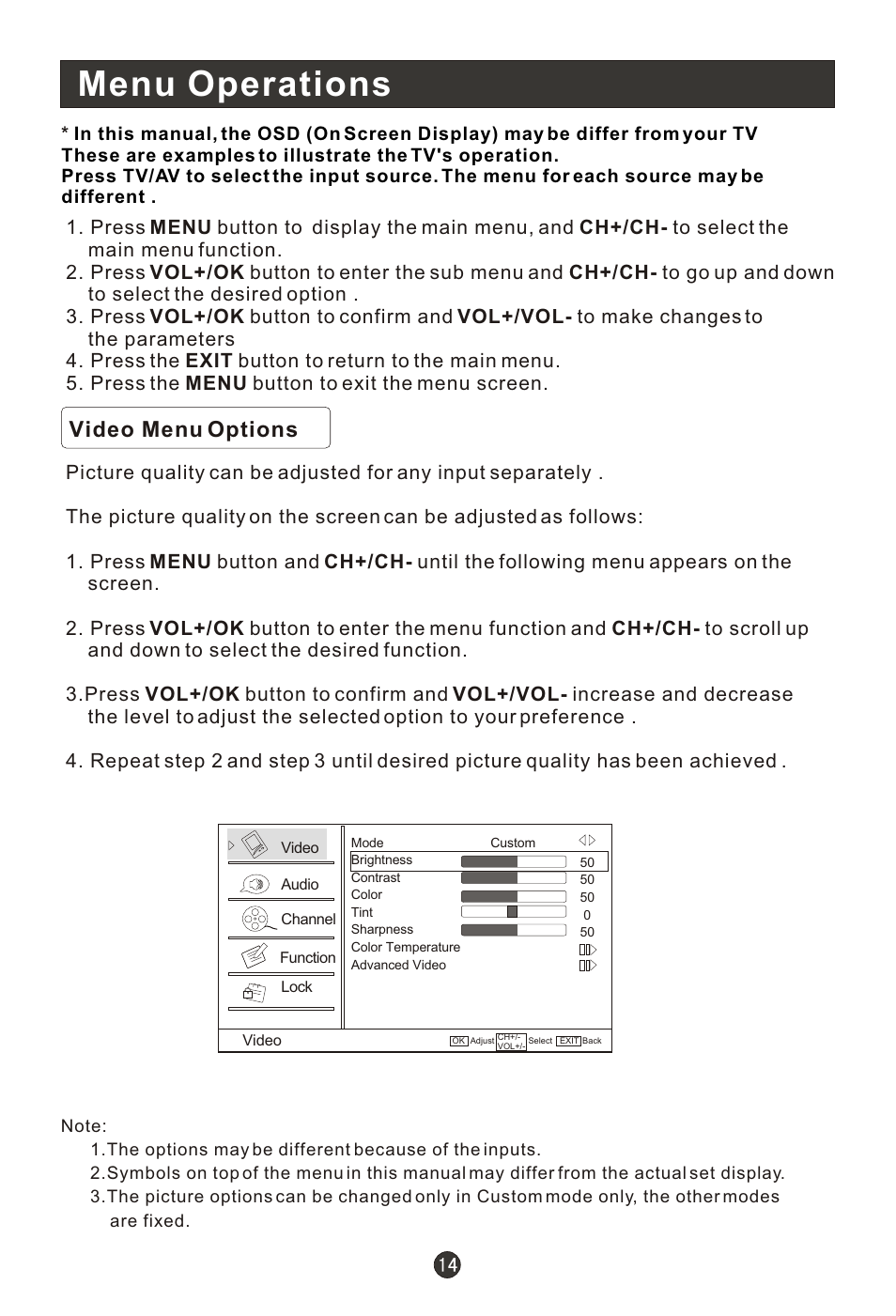 Т³гж 19, Menu operations, Video menu options | haier HLC19RW User Manual | Page 19 / 47