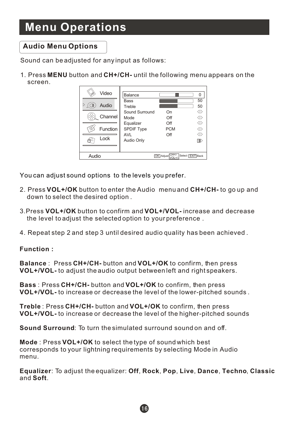 Т³гж 21, Menu operations, Audio menu options | haier HLC19RW User Manual | Page 21 / 47