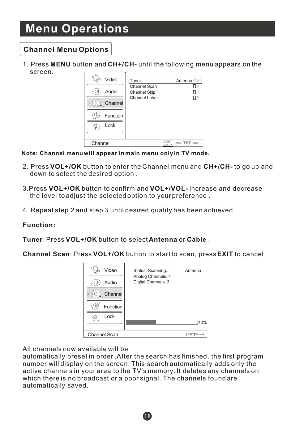 Т³гж 23, Menu operations, Channel menu options | haier HLC19RW User Manual | Page 23 / 47