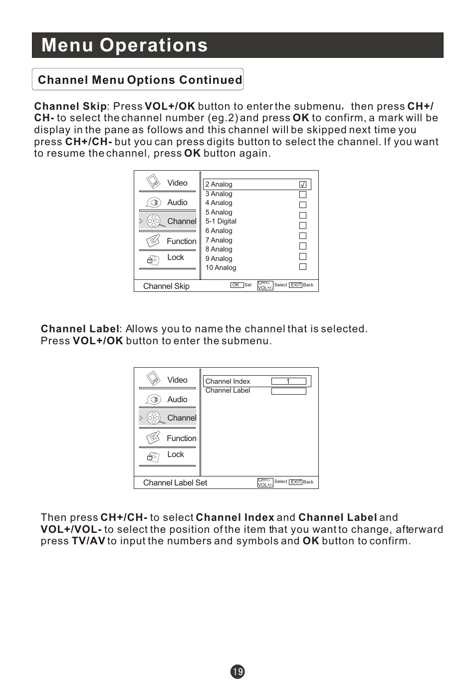 Т³гж 24, Menu operations, Channel menu options continued | haier HLC19RW User Manual | Page 24 / 47