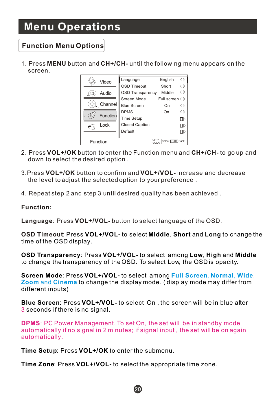 Т³гж 25, Menu operations, Function menu options | haier HLC19RW User Manual | Page 25 / 47