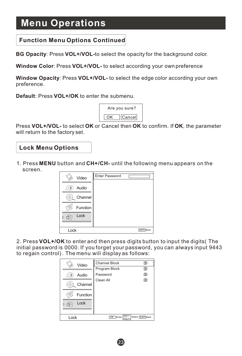 Т³гж 28, Menu operations, Function menu options continued | Lock menu options | haier HLC19RW User Manual | Page 28 / 47