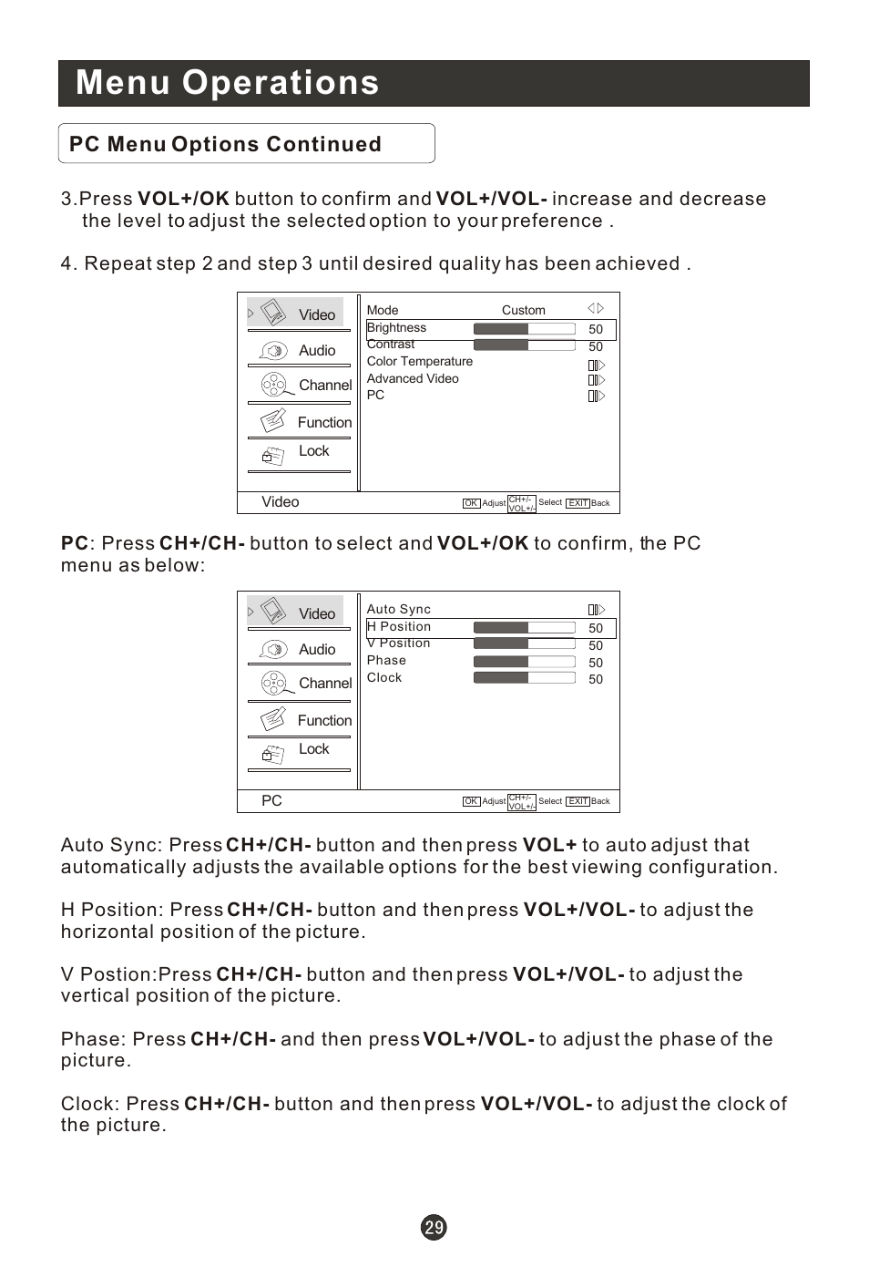 Т³гж 34, Menu operations, Pc menu options continued | haier HLC19RW User Manual | Page 34 / 47