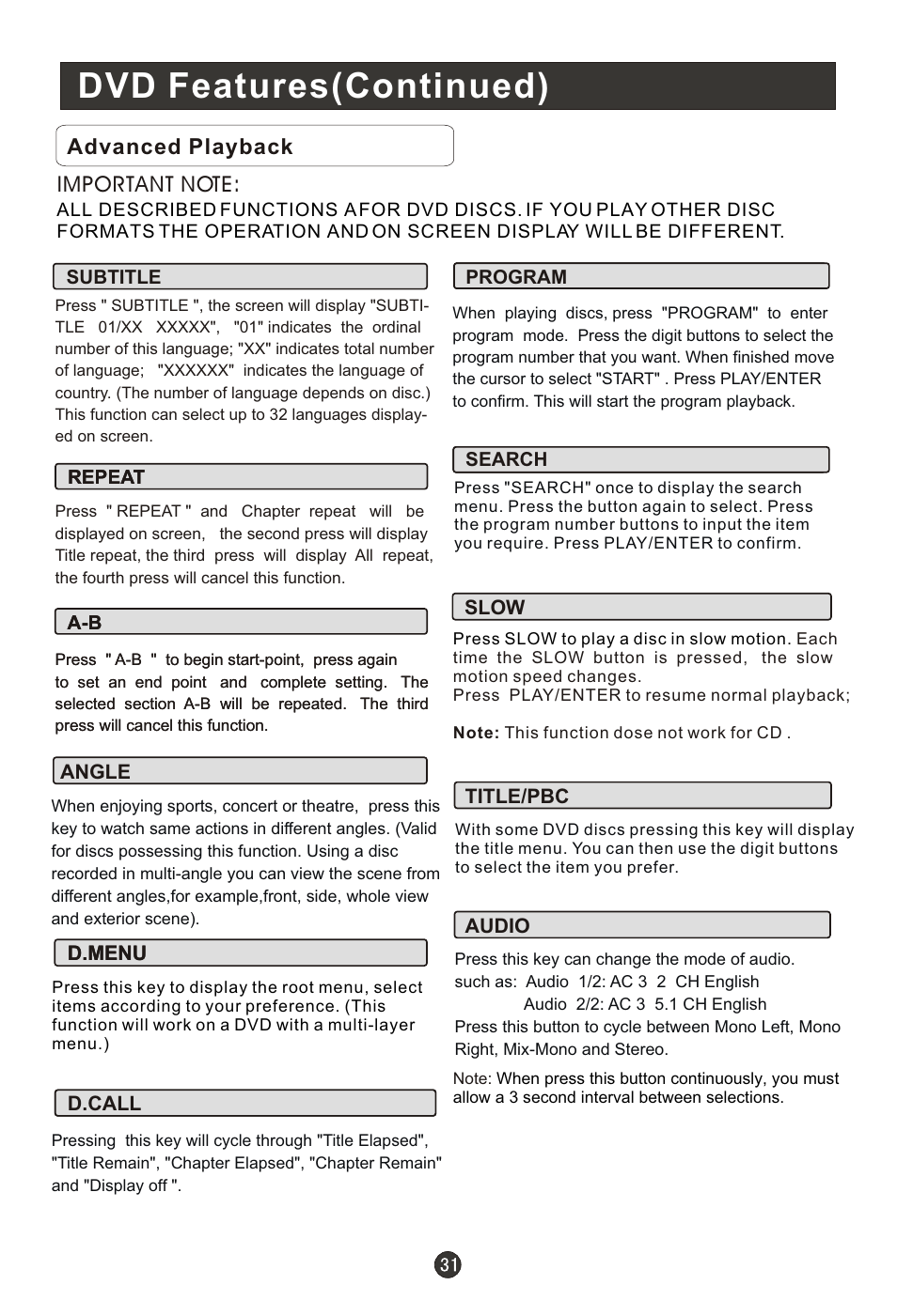 Т³гж 36, Dvd features(continued), Advanced playback | haier HLC19RW User Manual | Page 36 / 47