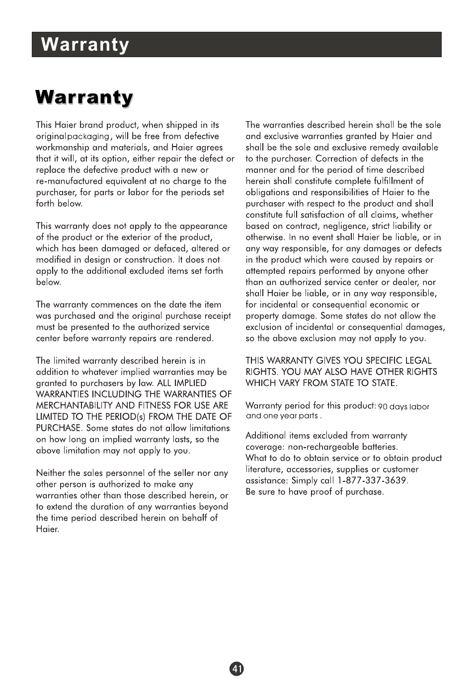 Т³гж 46, Warranty | haier HLC19RW User Manual | Page 46 / 47