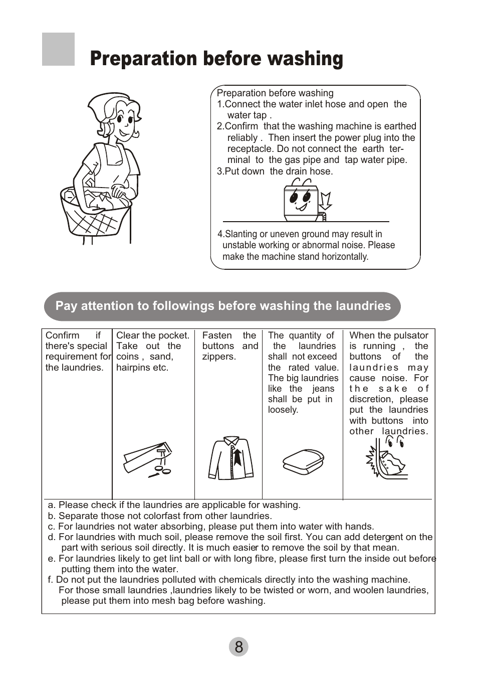 Preparation before washing | haier HWM6815 User Manual | Page 10 / 20