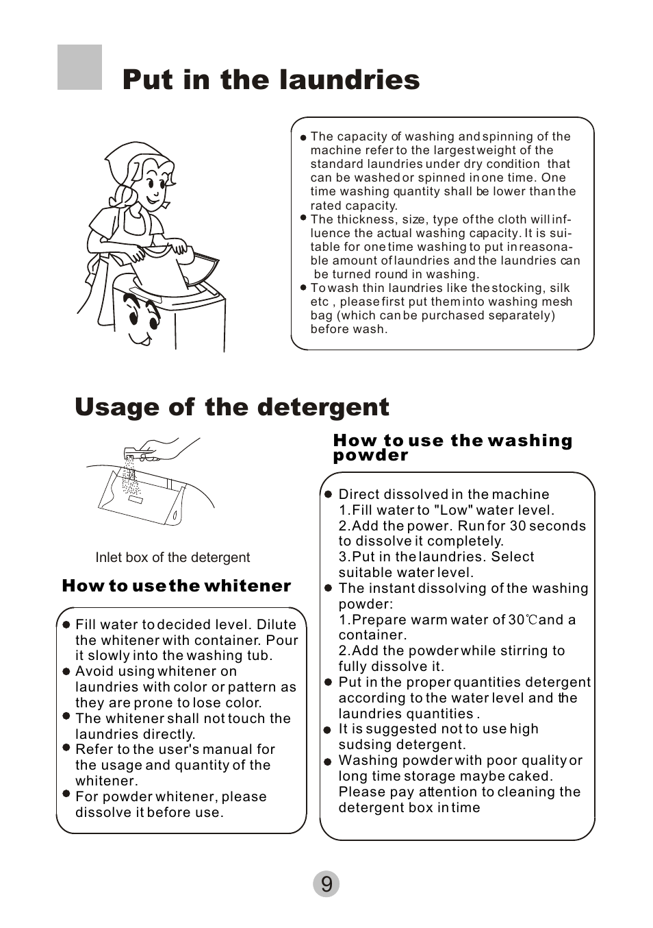 Put in the laundries, Usage of the detergent | haier HWM6815 User Manual | Page 11 / 20