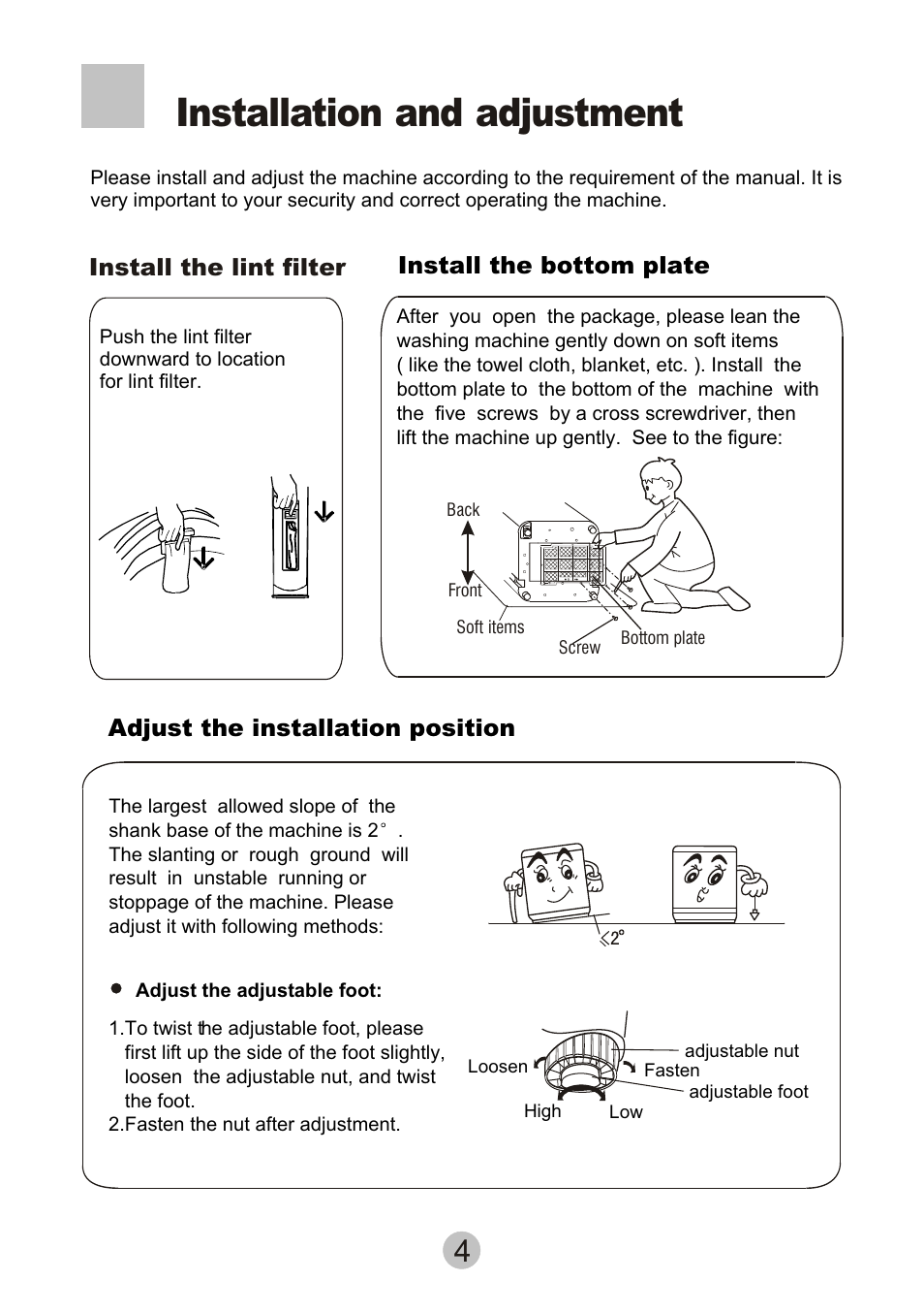 Installation and adjustment | haier HWM6815 User Manual | Page 6 / 20