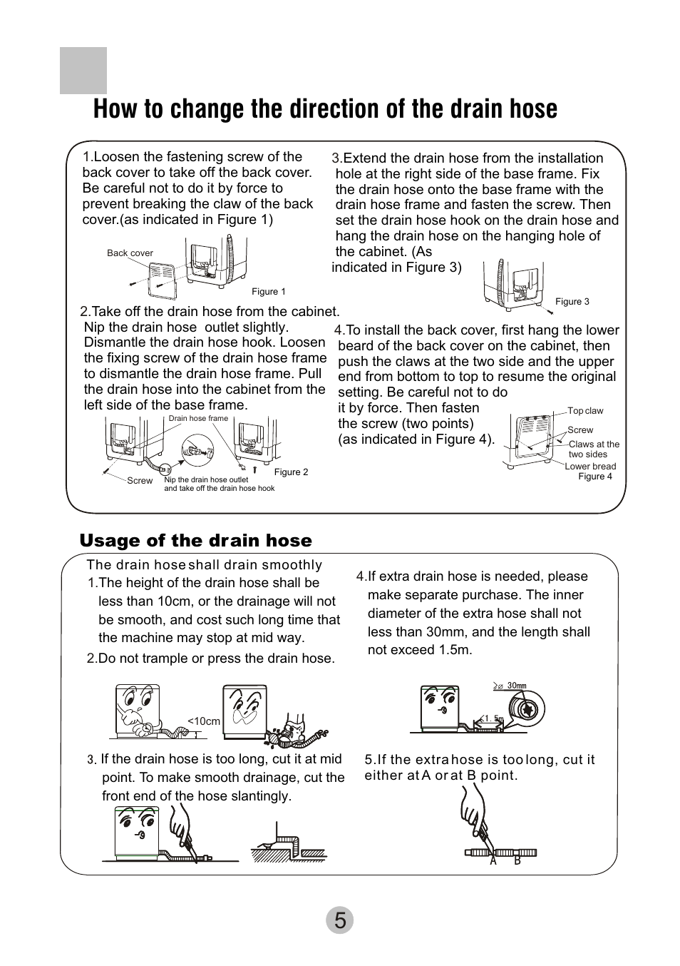 How to change the direction of the drain hose, Usage of the drain hose | haier HWM6815 User Manual | Page 7 / 20