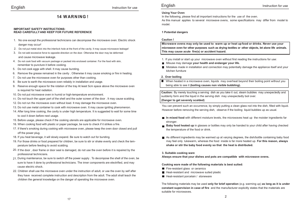 English, W ar n in g | haier EO-2080EGV User Manual | Page 5 / 12