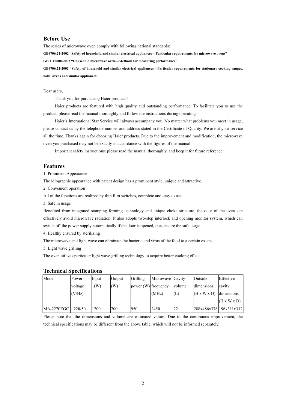 Before use, Features, Technical specifications | haier MA-2270EGC User Manual | Page 17 / 31