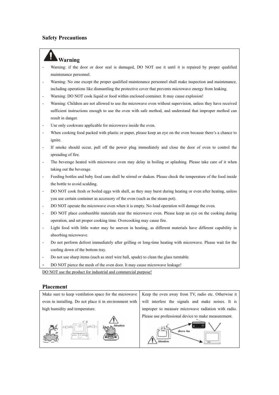 Safety precautions warning, Placement | haier MA-2270EGC User Manual | Page 20 / 31