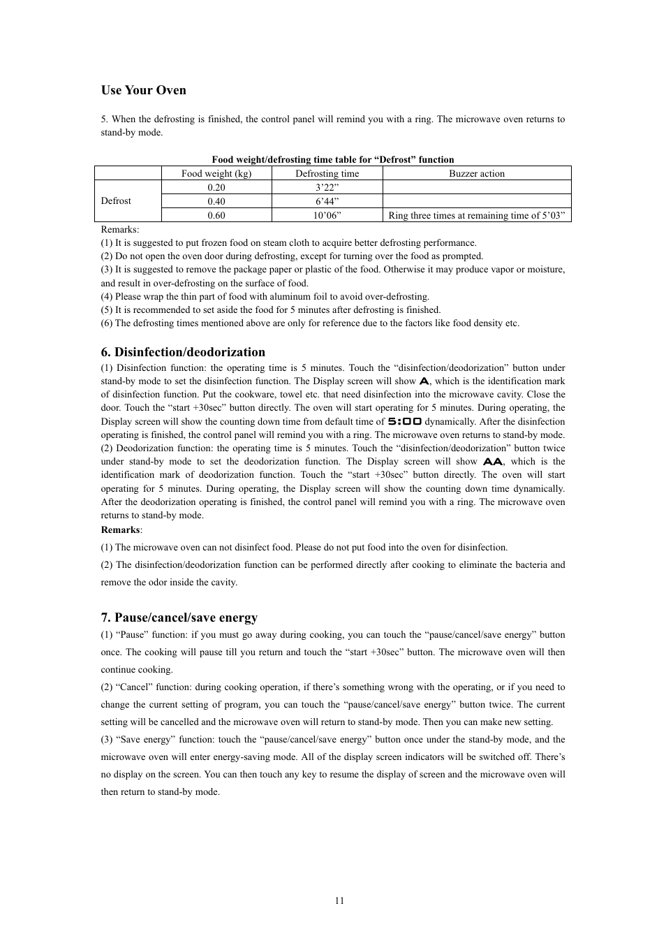 Use your oven, Disinfection/deodorization, Pause/cancel/save energy | haier MA-2270EGC User Manual | Page 26 / 31
