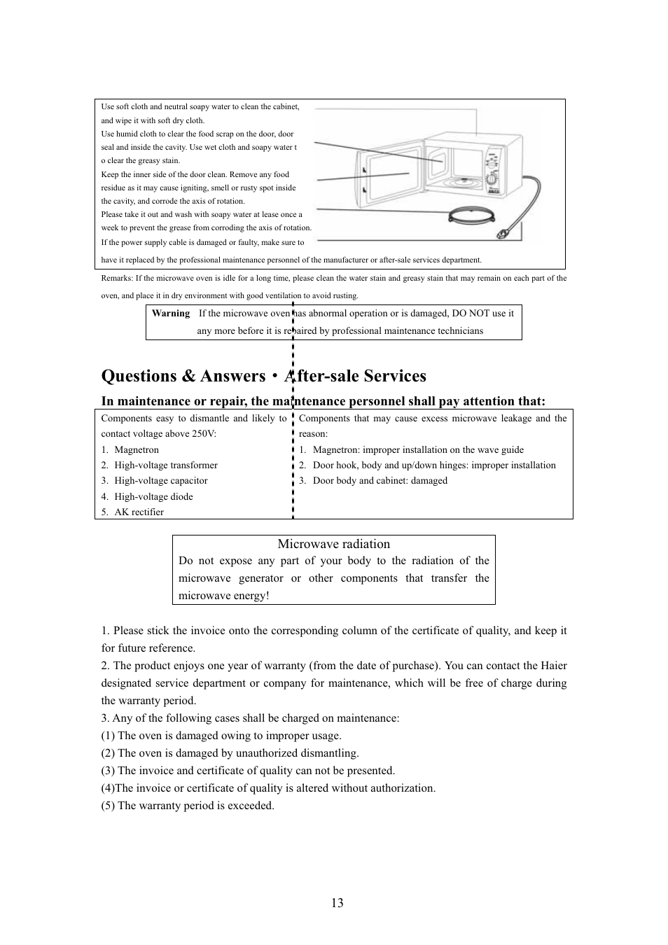 Questions & answers g after-sale services, Microwave radiation | haier MA-2270EGC User Manual | Page 28 / 31