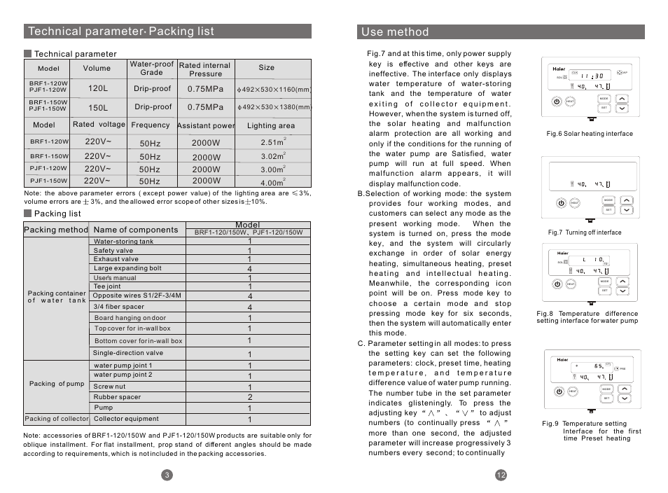 Т³гж 6, Technical parameter packing list, Use method | haier BRF1- 120 User Manual | Page 6 / 10