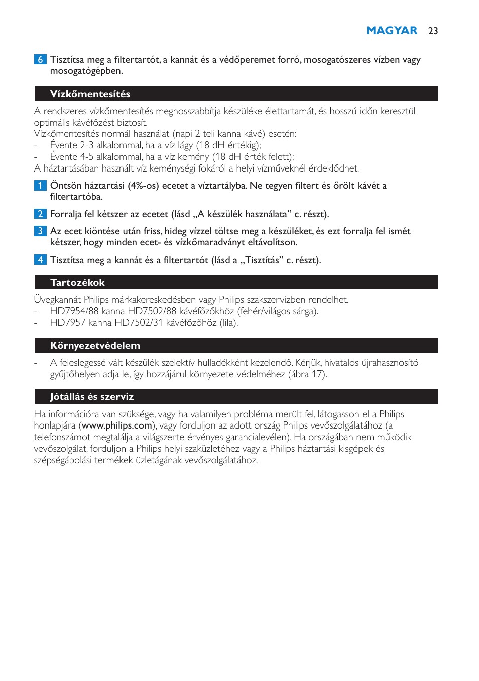 Vízkőmentesítés, Tartozékok, Környezetvédelem | Jótállás és szerviz | Philips HD7502  RU User Manual | Page 23 / 56