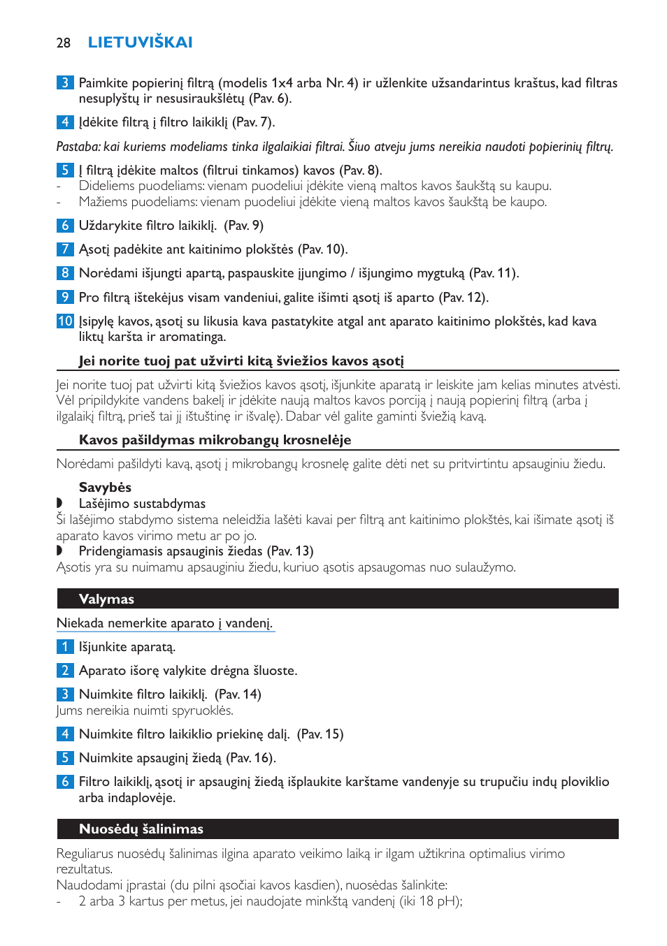 Kavos pašildymas mikrobangų krosnelėje, Savybės, Valymas | Nuosėdų šalinimas | Philips HD7502  RU User Manual | Page 28 / 56