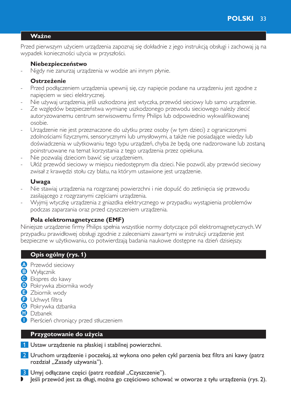 Niebezpieczeństwo, Ostrzeżenie, Uwaga | Pola elektromagnetyczne (emf), Polski, Ważne, Opis ogólny (rys. 1), Przygotowanie do użycia | Philips HD7502  RU User Manual | Page 33 / 56