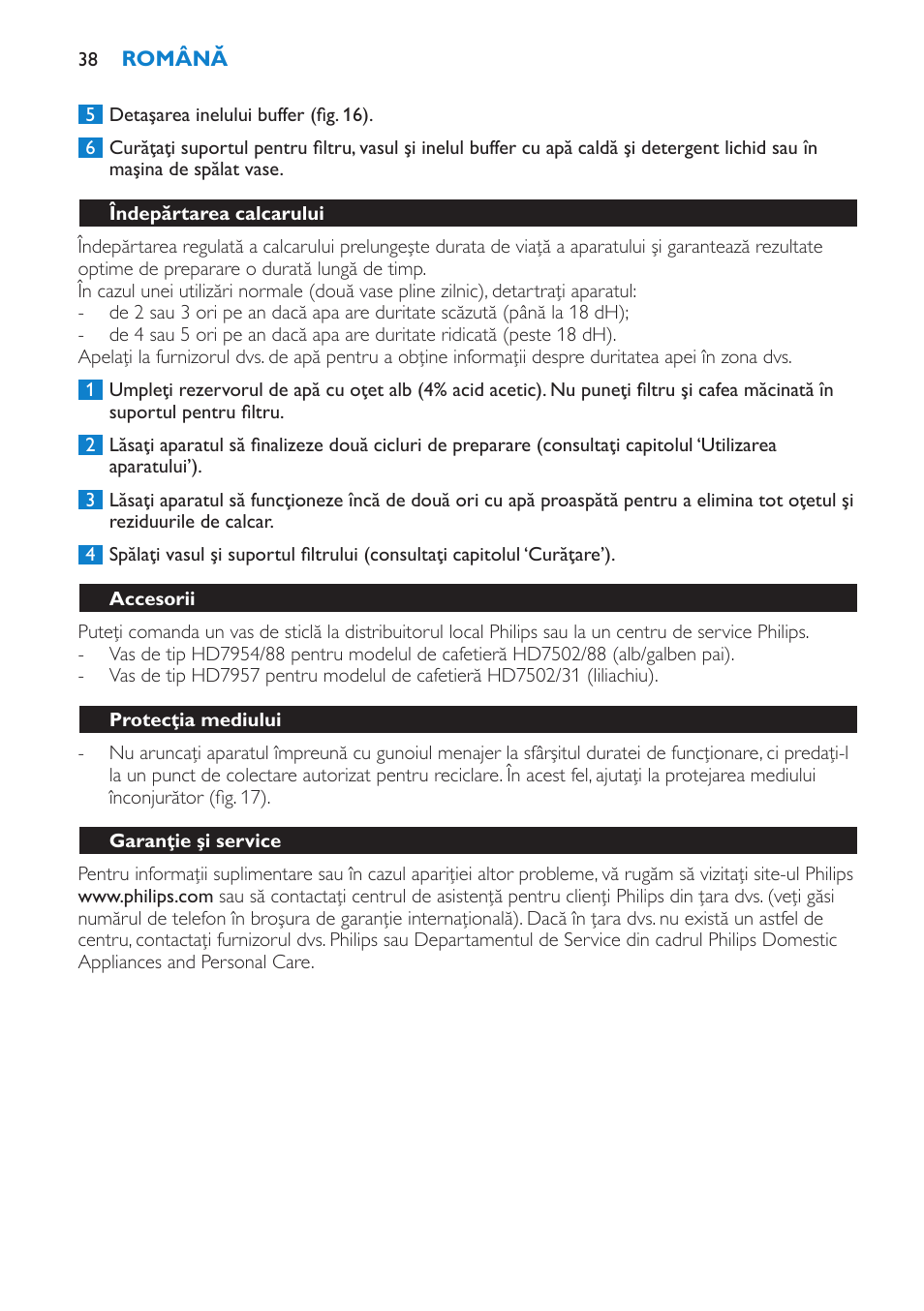 Îndepărtarea calcarului, Accesorii, Protecţia mediului | Garanţie şi service | Philips HD7502  RU User Manual | Page 38 / 56