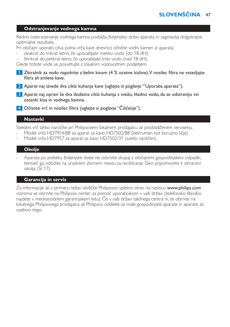 Odstranjevanje vodnega kamna, Nastavki, Okolje | Garancija in servis | Philips HD7502  RU User Manual | Page 47 / 56