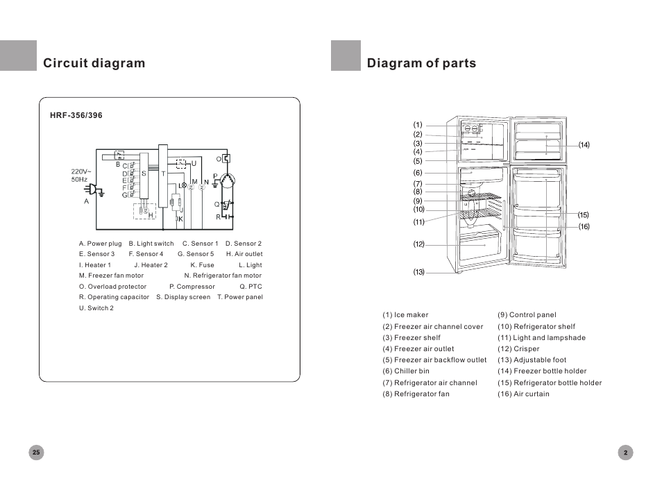 Circuit diagram, Diagram of parts | haier HRF-356 User Manual | Page 3 / 14