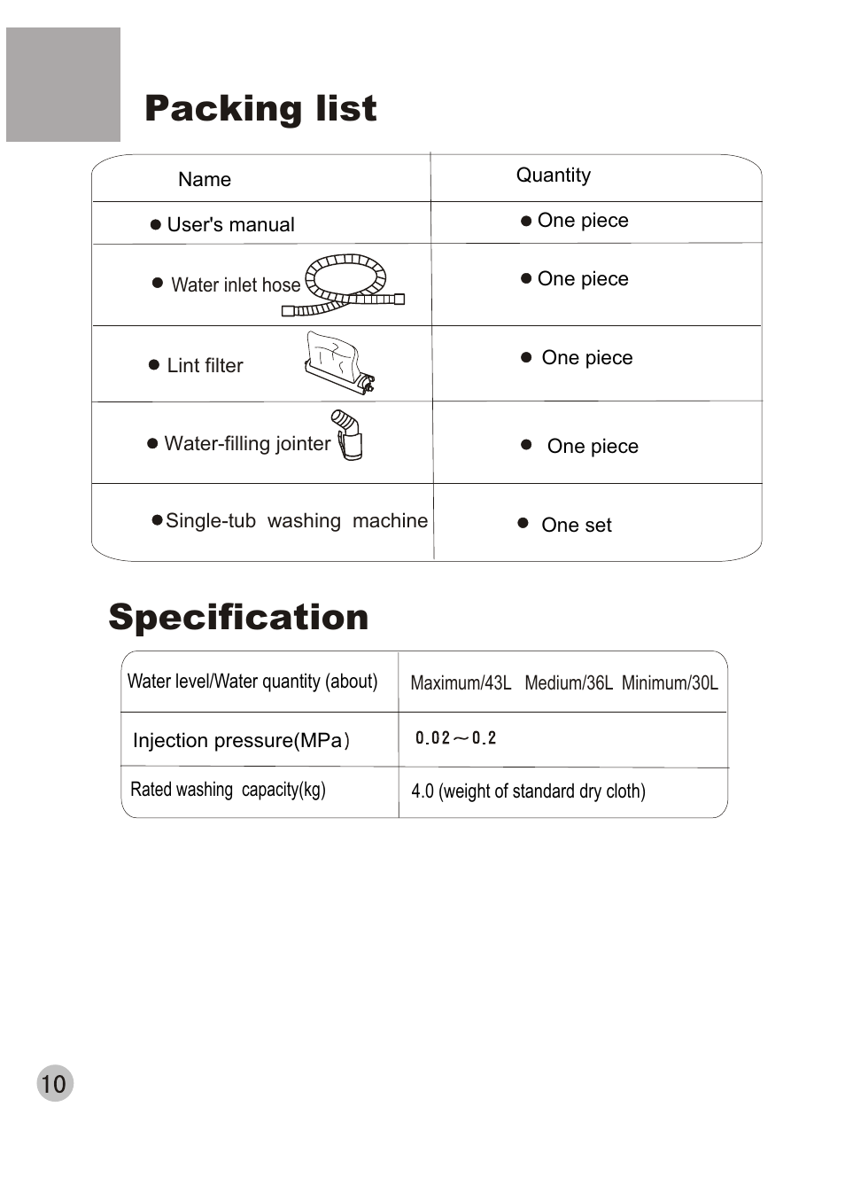 Packing list, Specification | haier HWM40-32 User Manual | Page 12 / 12