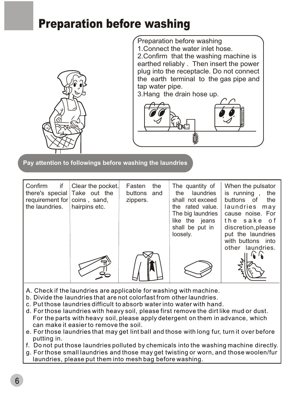 Preparation before washing | haier HWM40-32 User Manual | Page 8 / 12