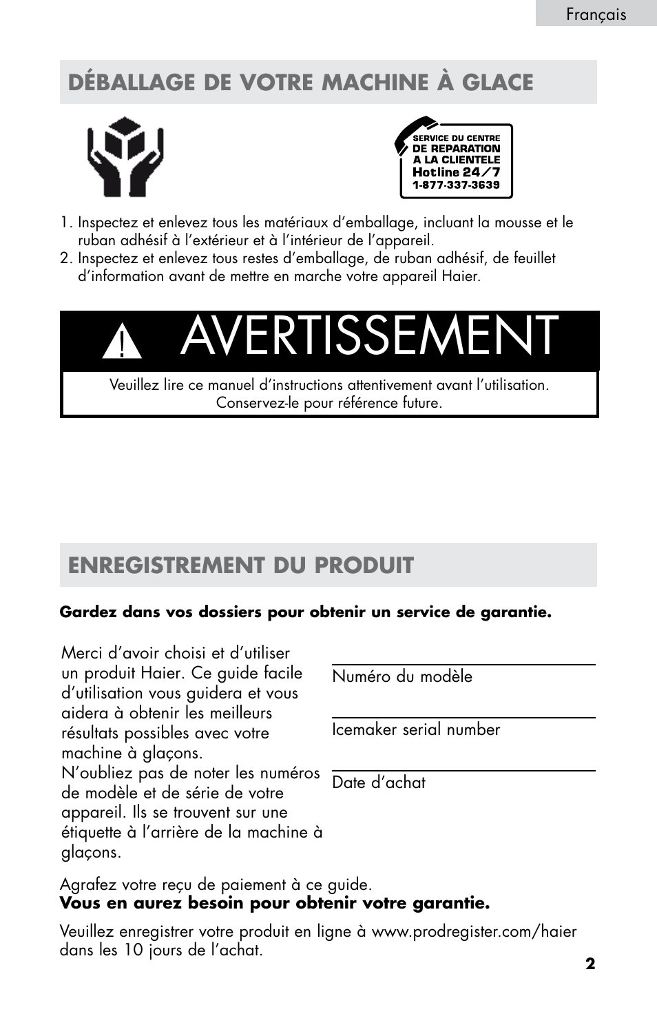 Avertissement, Enregistrement du produit, Déballage de votre machine à glace | haier HPIM25S User Manual | Page 15 / 39