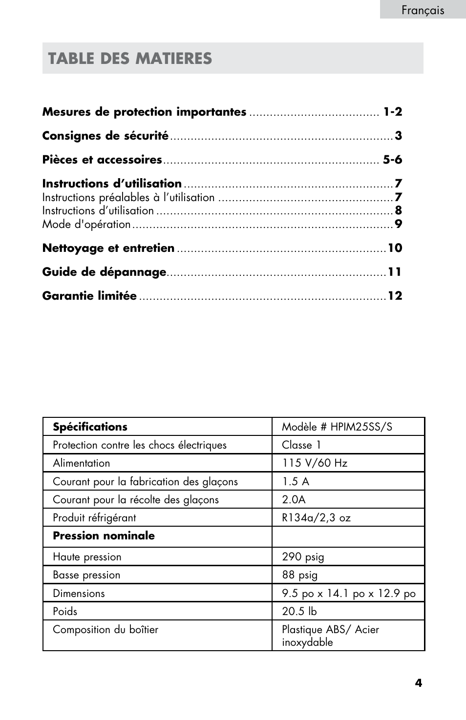 Table des matieres | haier HPIM25S User Manual | Page 17 / 39