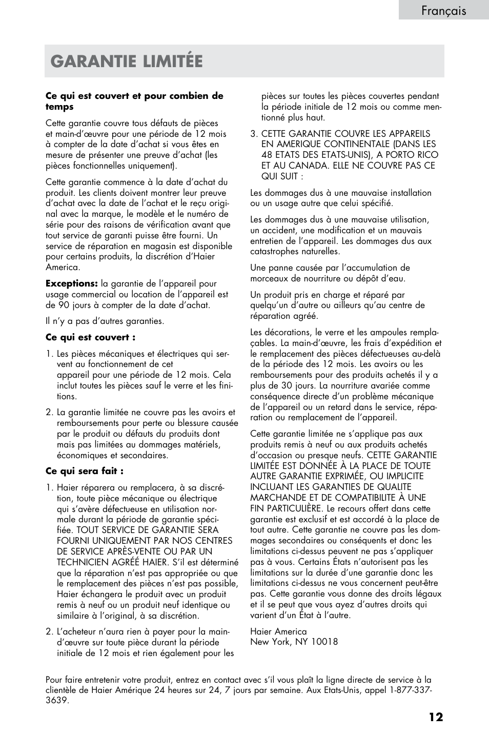 Garantie limitée, Français | haier HPIM25S User Manual | Page 25 / 39