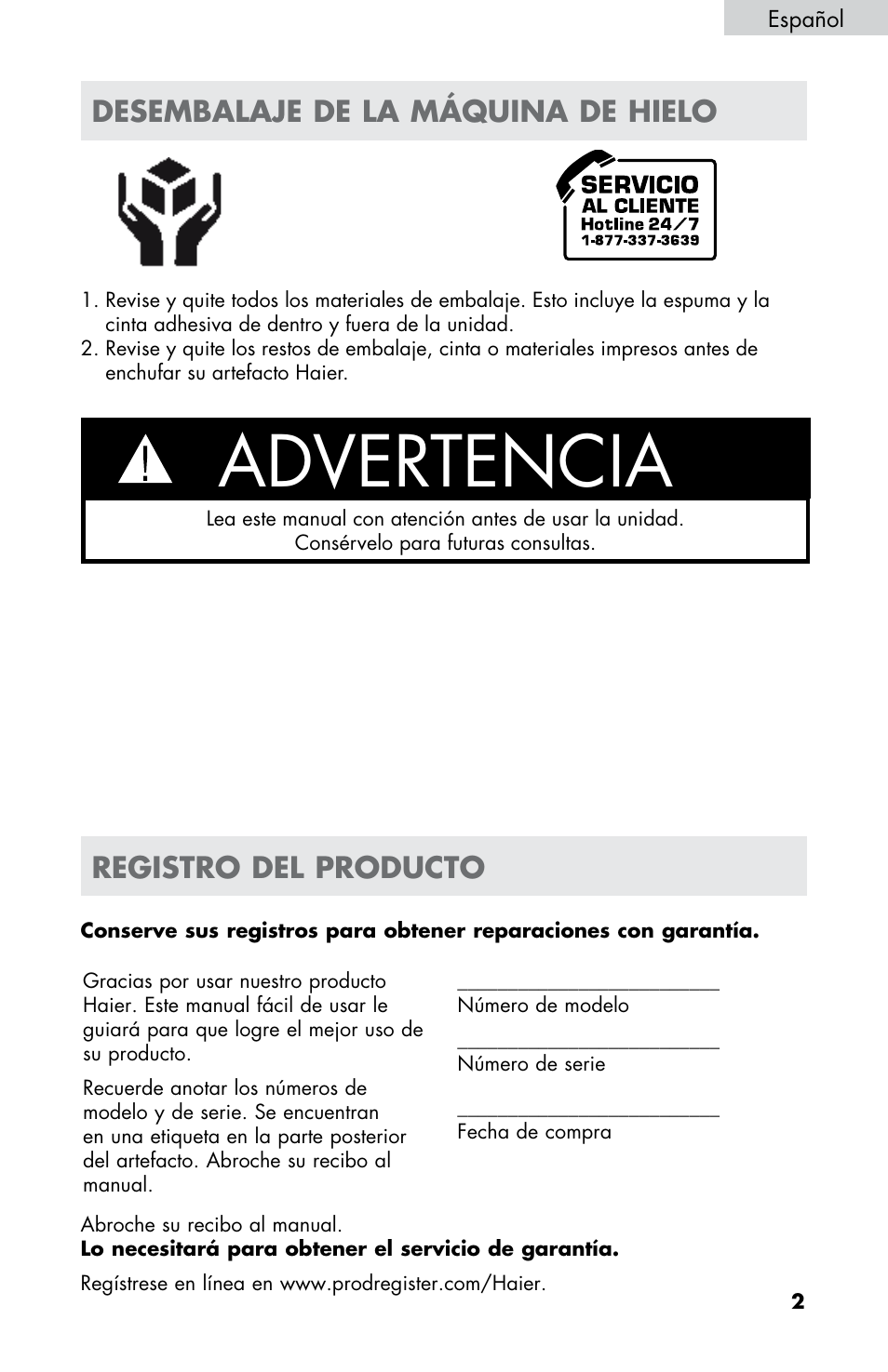 Advertencia, Registro del producto, Desembalaje de la máquina de hielo | haier HPIM25S User Manual | Page 27 / 39