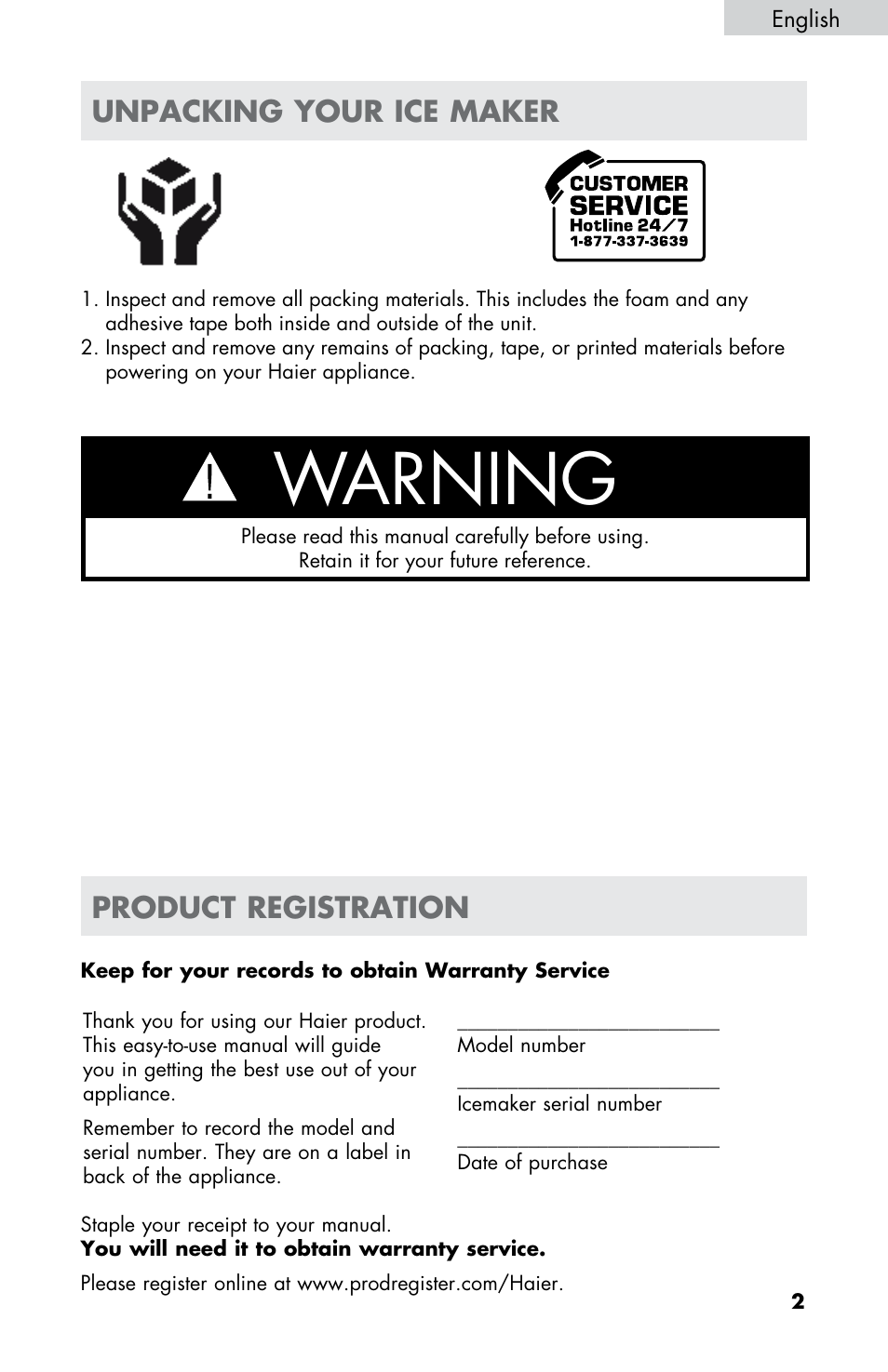 Warning, Unpacking your ice maker, Product registration | haier HPIM25S User Manual | Page 3 / 39