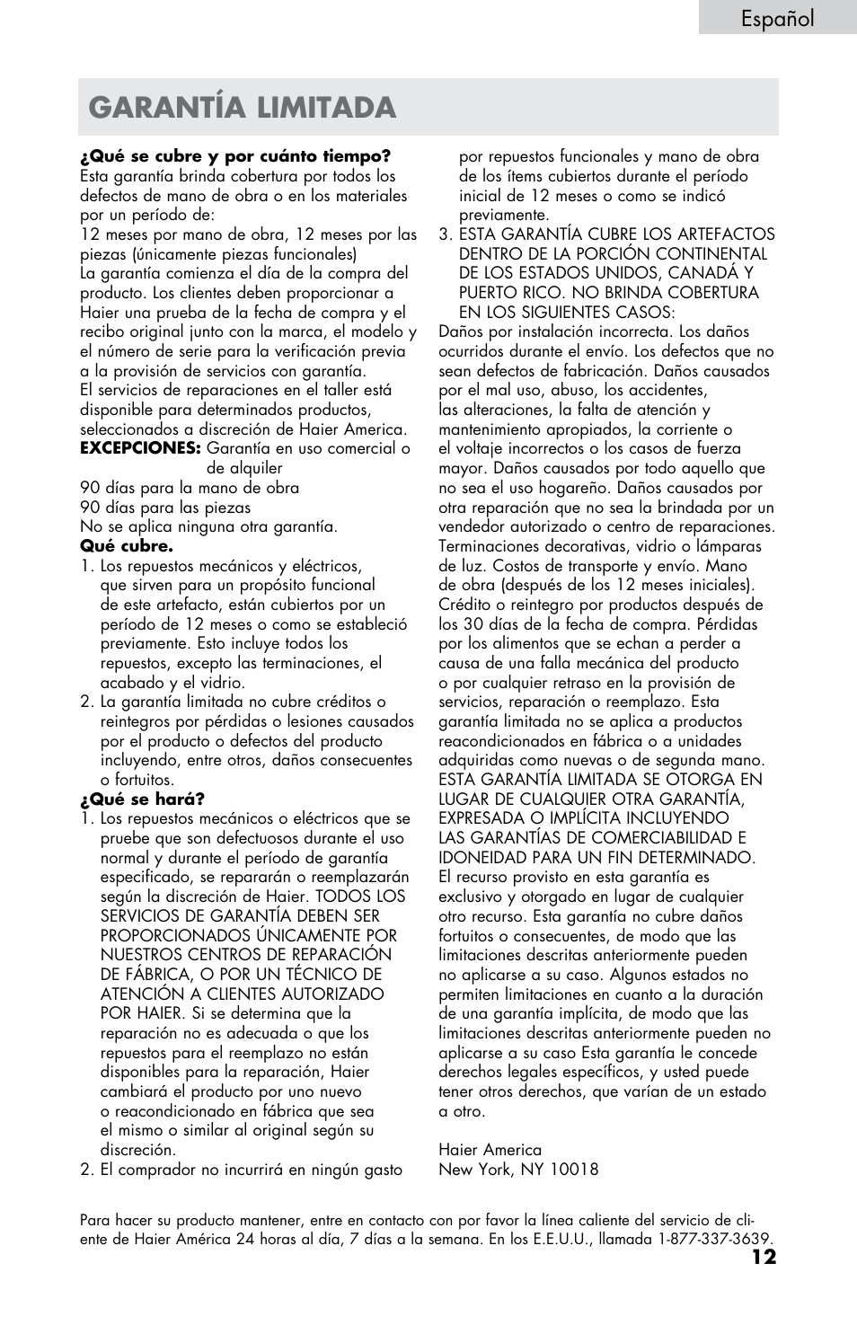 Garantía limitada, Español | haier HPIM25S User Manual | Page 37 / 39