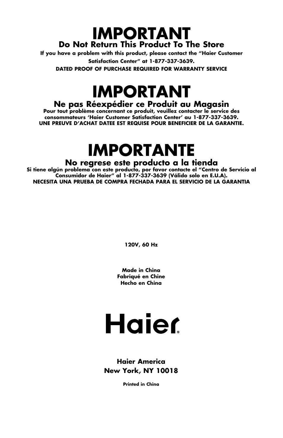 Important, Importante | haier HPIM25S User Manual | Page 38 / 39