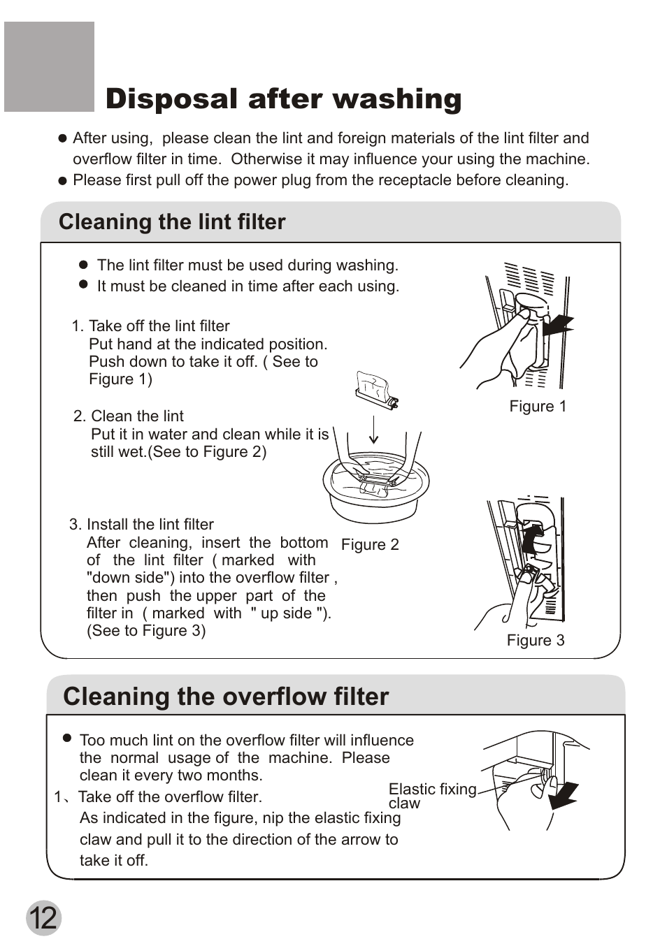 Disposal after washing, Cleaning the overflow filter, Cleaning the lint filter | haier WD55dHSHAT User Manual | Page 14 / 19