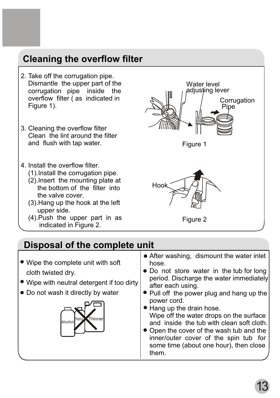 Cleaning the overflow filter, Disposal of the complete unit | haier WD55dHSHAT User Manual | Page 15 / 19