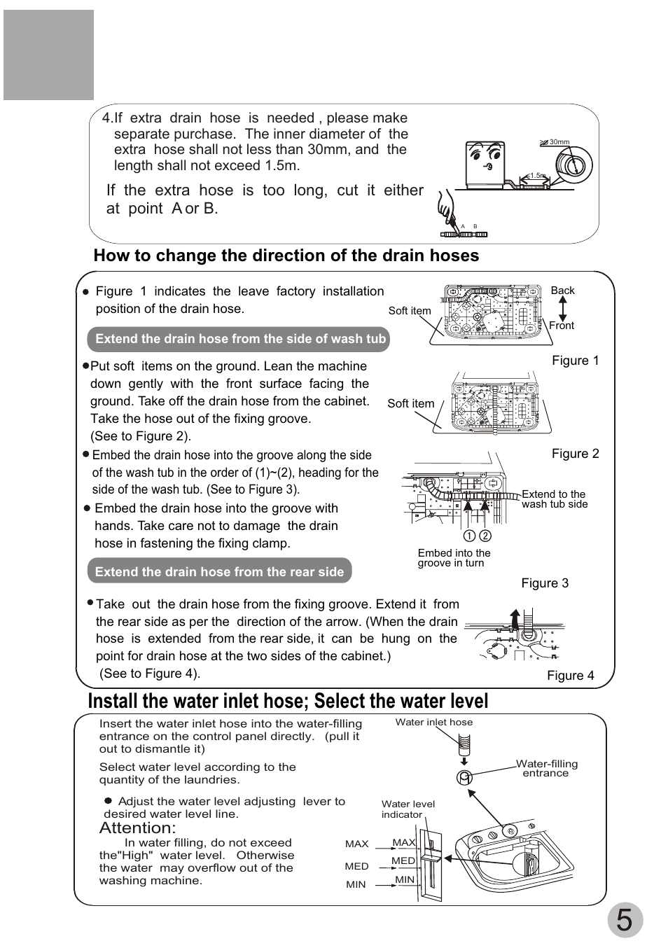 How to change the direction of the drain hoses, Attention | haier WD55dHSHAT User Manual | Page 7 / 19