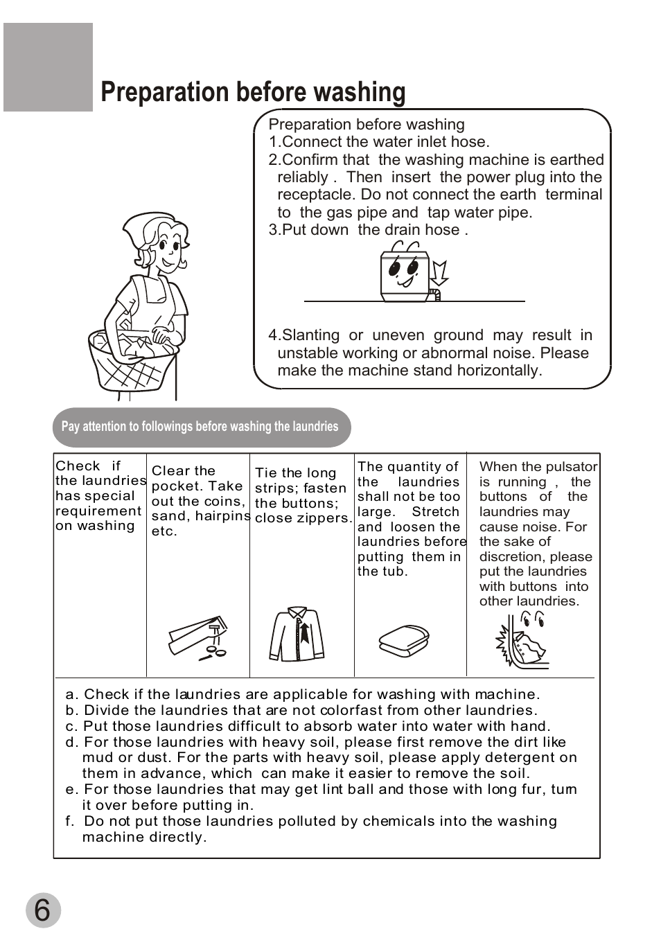 Preparation before washing | haier WD55dHSHAT User Manual | Page 8 / 19